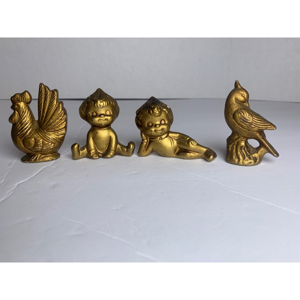 Vintage Gold Tone Miniature Ceramic Figurines Set/4 Kewpie Babies Rooster Bird